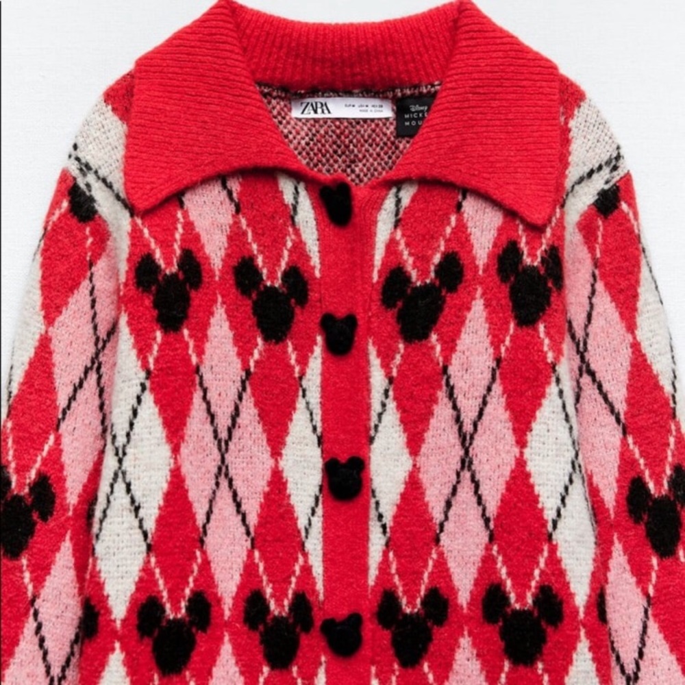 Zara Red and Pink Argyle Cardigan with Black Motifs